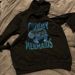Black Hoodie with Blue image and writing:
Protect the chubby mermaids.